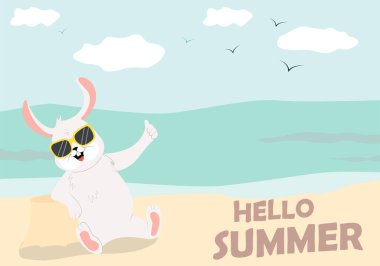 Kumsaldaki sevimli tavşan. Tavşanlı yaz kartı. Vektör illüstrasyonu