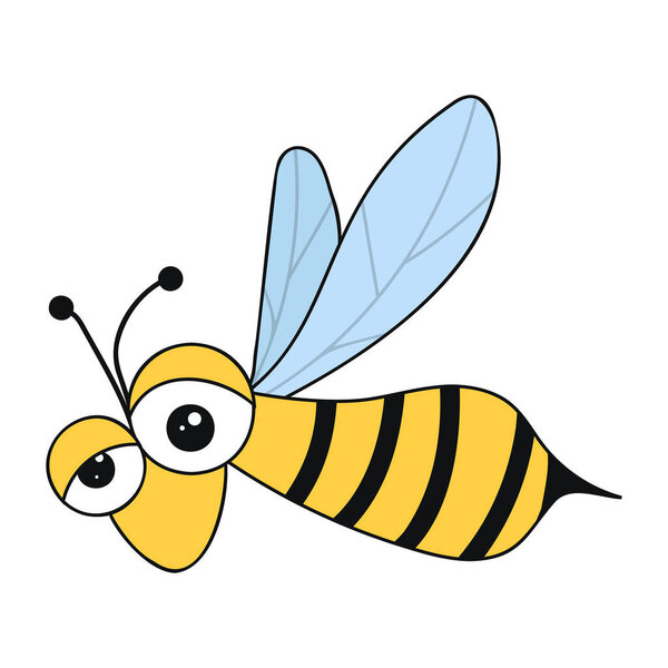 Crazy cartoon bee on white background. Artistic freehand drawing.