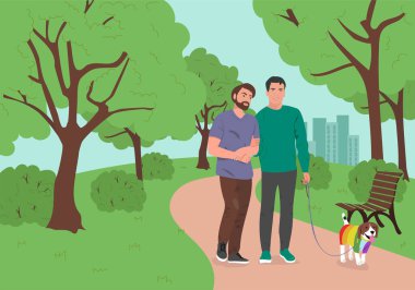 Parkta köpekle yürüyen eşcinsel çift. Mutlu yaşam tarzı konsepti. Vektör illüstrasyonu