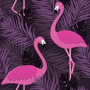 Flamingoyla kusursuz koyu bir desen. Tropik akımlı, pürüzsüz desen. Kumaş, duvar kağıdı, tekstil ve dekor için tasarım.