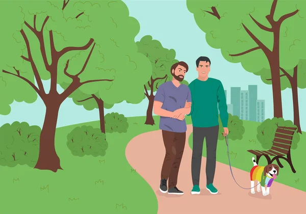 Parkta köpekle yürüyen eşcinsel çift. Mutlu yaşam tarzı konsepti. Vektör illüstrasyonu