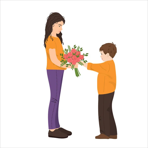 Chlapec Dává Květiny Dívce Dítě Kyticí Koncept Přátelství Bratr Sestra — Stockový vektor