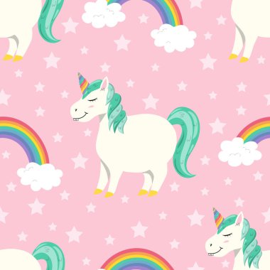 Şirin, şişman tek boynuzlu atların kusursuz deseni. Peri hayvanının çocuksu çizimi. Gökkuşaklı tek boynuzlu at.