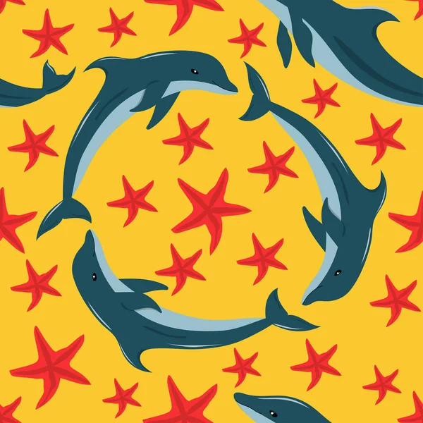 Nahtloses Muster Mit Delphinen Auf Gelbem Hintergrund Vektor Illustration Für — Stockvektor