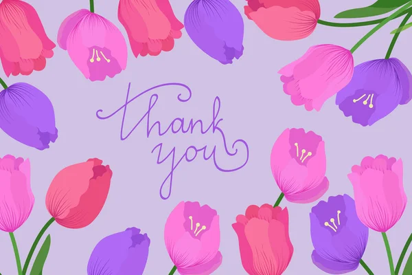 谢谢你的郁金香牌 带有花的横向贺卡 — 图库矢量图片