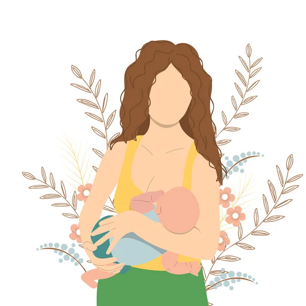 Menyusui Ibu Dengan Hiasan Bunga Ilustrasi Vektor Datar Konsep Makan - Stok Vektor
