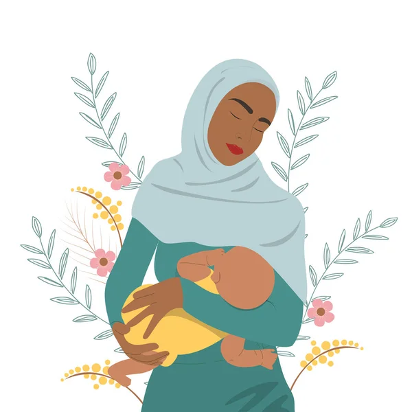 Μουσουλμάνα Γυναίκα Θηλάζει Ένα Μωρό Επίπεδη Διανυσματική Απεικόνιση Έννοια Θηλασμού — Διανυσματικό Αρχείο