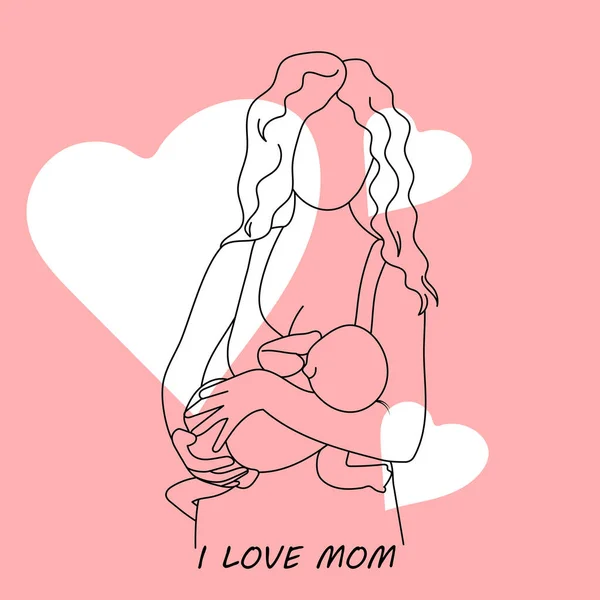 Breastfeeding Mom Outline Greeting Card Flat Vector Illustration Love Mom — Stock Vector