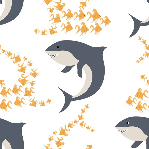 Cartoon Hai Mit Fisch Nahtlosen Muster Kindlicher Vektorhintergrund Einfachen Halbflachen — Stockvektor