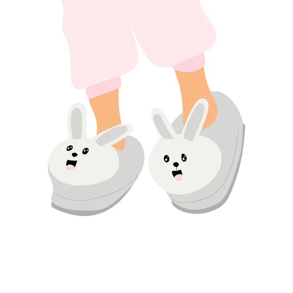 かわいいウサギのスリッパで子供の足 快適な家庭の靴 居心地の良い子供の靴 — ストックベクタ