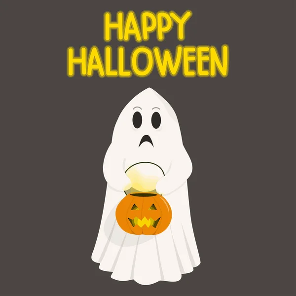 Szellem Vektoros Illusztrációja Sütőtökös Lámpával Aranyos Rajzfilmfigura Boldog Halloweent — Stock Vector