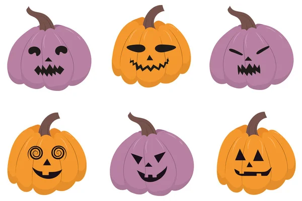 Set Different Halloween Pumpkins Sppoky Jack Lantern Yellow Lilac Colors — Stock Vector