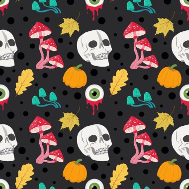 Kafatası, mantar ve balkabaklarıyla kusursuz bir psikedelik geçmişi var. Cadılar Bayramı vektör çizimi. Parmak izi, dijital kağıt, tekstil için harika.