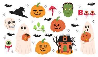 Cadılar Bayramı elementleri: Hayalet, balkabağı, Frankenstein, kafatası ve yarasa. El yapımı koleksiyon. Vektör illüstrasyonu.