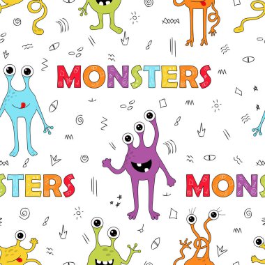 Beyaz arka planda kusursuz çocuksu canavarlar. Çocuklar için sevimli, komik karalama çizimi.