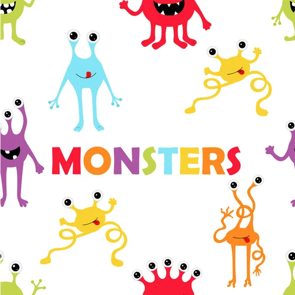 Seamless Pattern Cute Monsters White Background Vector Childish Funny Doodle — Stock Vector