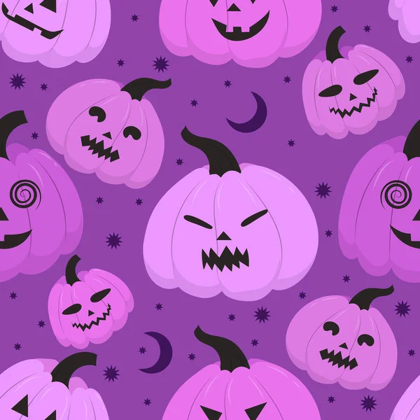 Seamless Pattern Purple Halloween Pumpkins Sppoky Jack Lantern Background Vector — Stock Vector