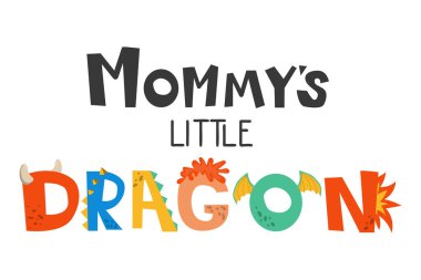 Annesinin küçük ejderha harfleri. Çizgi film tarzında vektör illüstrasyonu. Doğum günü davetiyesi için çocuksu tasarım ya da bebek partisi, poster, kıyafet, çocuk odası duvar sanatı ve kart..