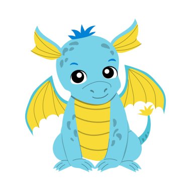 Cartoon baby blue dragon sitting. Fantasy character vector illustration clipart