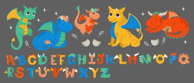 Alfabe yatay resimli ejderha koleksiyonu. Çeşitli ejderha karakterleri. Bebek kıyafetlerini yazdırmak için vektör ayarlandı