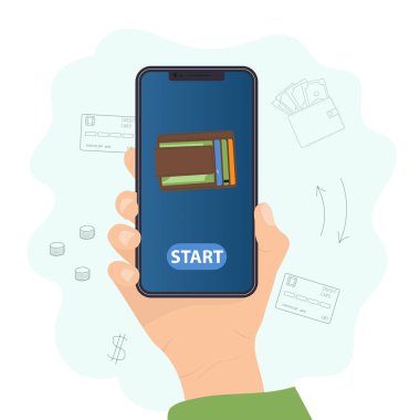 Cep telefonu konseptinde dijital cüzdan uygulaması. Ekranda cüzdanı olan akıllı bir telefon. Vektör illüstrasyonu