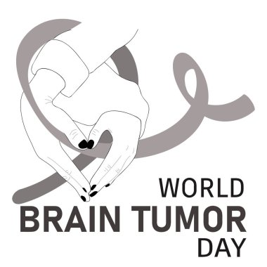 Beyin tümörü günü posteri. Gri kurdeleli kalp şeklindeki ellerin vektör çizimi.