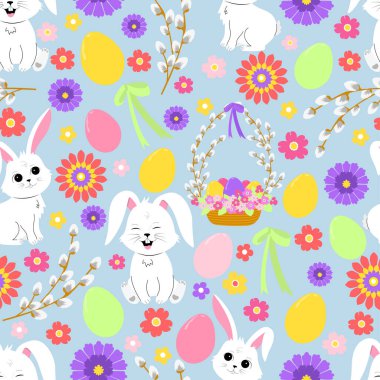 Easter seamless pattern in cartoon style. Vector illustration with Easter eggs, bunny, pussy willow and flowers. Colorful childish texture for fabric, paper. 