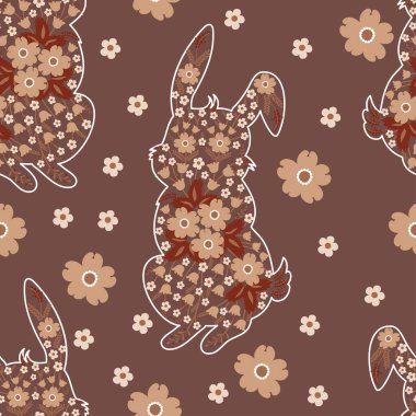 Çiçekli bir tavşanın siluetleri. Sevimli bir tavşan karakterinin elle çizilmiş kusursuz deseni. 