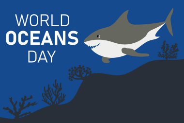 Çizgi film köpekbalığı yüzüşü. Okyanus Günü için el çizimi vektör çizimi