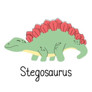 Jurassic 'in sevimli karikatürü, vektör çocukların oyuncak kertenkelesi. Stegosaurus dinozoru, tarih öncesi sürüngen ve komik paleontoloji nesli tükenmiş hayvan.