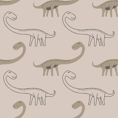 Mamenchisaurus dinazoru kusursuz desen. Bebek kumaşı tasarımı ve vektör olarak dino karikatürü çizimi