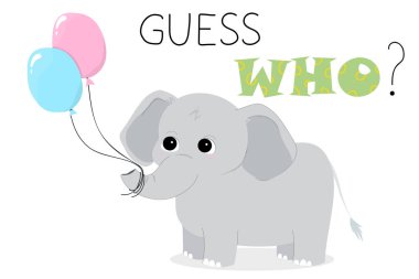 Bebek Duşu 'na çocuklar için şirin bir davetiye. Bil bakalım kim? Balonlu fil yavrusu yatay vektör çizimi