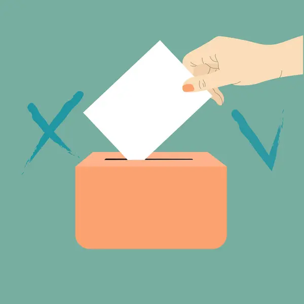 stock vector Hand putting ballot into ballot box. Vote 2024. Concept of politics, choice, freedom, democracy, human rights. 