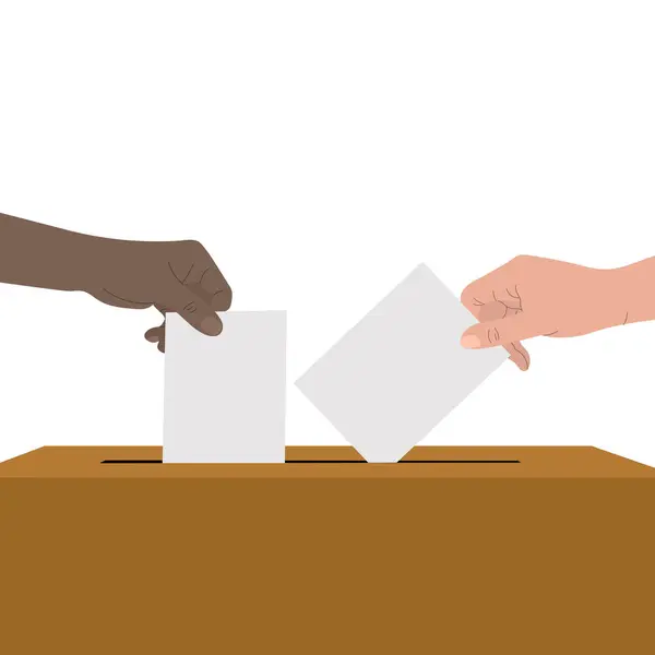 stock vector Vote 2024. Voting for candidate. Hands putting ballot into ballot box. Concept of politics, choice, freedom, democracy, human rights. 