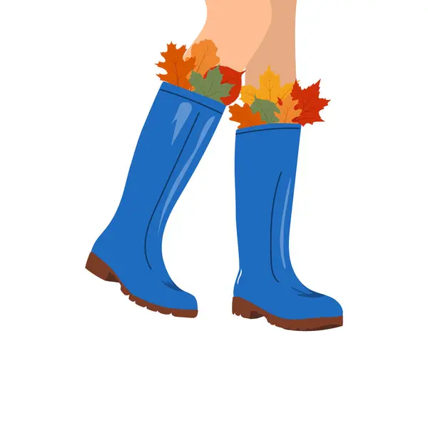 stock vector Fallen leaves inside pair rubber boots. Human legs isolated on white background. Modern autumn foot wear.