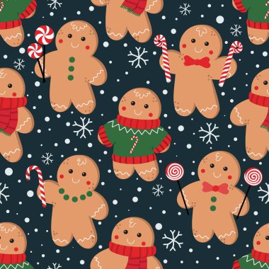 Zencefilli çörekçiyle kusursuz bir Noel deseni. Xmas zencefilli kurabiye. Noel tatili tatlı tatlı tatlı. Vektör illüstrasyonu.