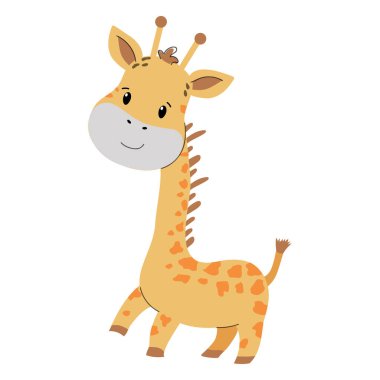 Beyaz üzerine izole edilmiş şirin zürafa vektör çizimi. Safari, bebek posteri, tebrik kartı ve bebek tasarımı için hayvanları besliyor.