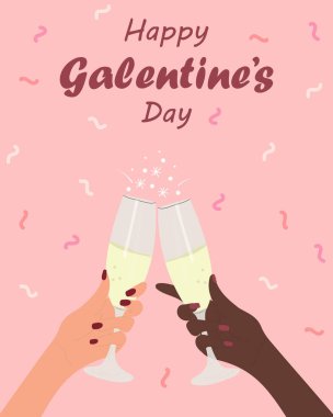 Mutlu Galentines Günü dikey kartı. Kutlama tezahüratı. Vektör el çizimi resimleme