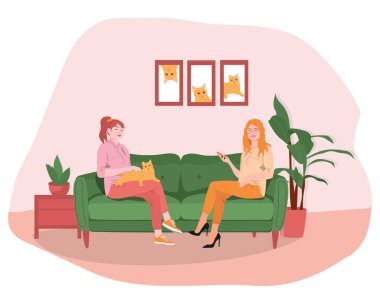 Two young women are sitting on the couch with cat. Relaxation at home. Greeting card. Vector illustration. clipart