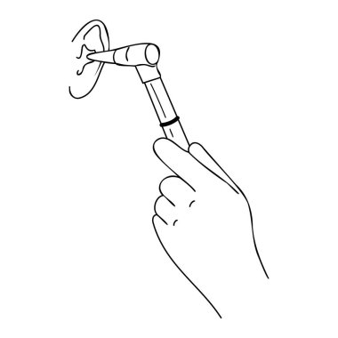 Kulak incelemesi Otoskopi ana hatlı vektör çizimi. ENT uzmanlık araçları otoskop ve kulak. 