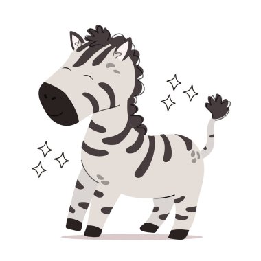 Küçük şirin zebra vektör izi. Kawai Afrikalı hayvanlarla el çizimi düz çizimi karikatür - çocuk simgeleri, baskılar, tekstil için küçük zebra