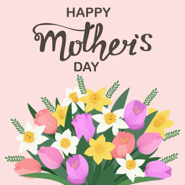 Annemle hoş bir vektör tebrik kartı. Anneler Günün kutlu olsun. Buketli Afrikalı Amerikalı kadın. Annemin kartpostalına bayılırım.