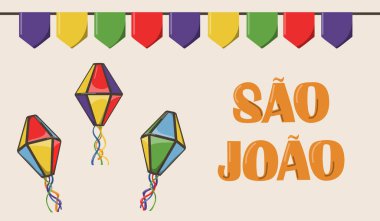 Bayraklar ve renkli kağıtlardan yapılmış balon fenerler. Metin çevirisi - Aziz John. Vektör İllüstrasyonu. 