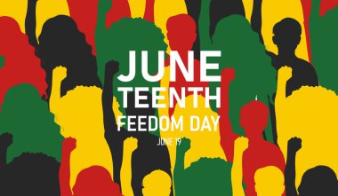 Soyut insanların el kaldırdığı Haziran ayının afişi. Özgürlük ya da Özgürlük Günü. Yıllık Amerikan tatili. Poster, tebrik kartı, afiş ve arkaplan.