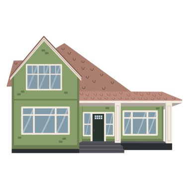 Yeşil ev beyaz arka planda izole edilmiş. Ön manzara. Düz Biçimli Görüntü 