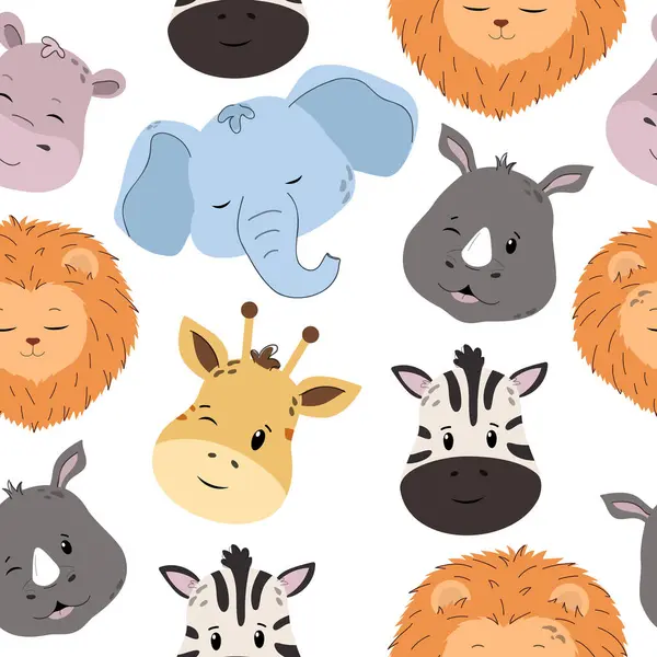 Şirin hayvan yüzlü tropik safari desenleri. Kumaş, tekstil, duvar kâğıdı, ambalaj kağıdı için pastel renklerde vektör karikatürü çizimi