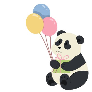 Çocukların doğum günü kartı. Beyaz arka planda balonları ve hediyeleri olan sevimli bir panda.