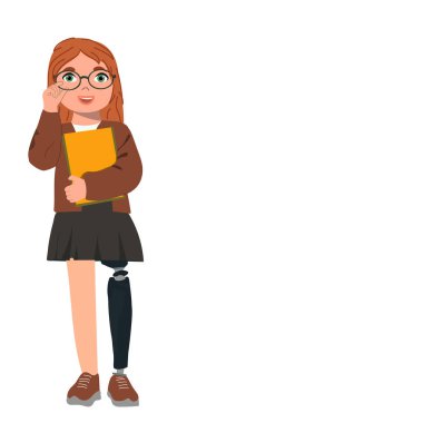 Protez bacaklı sevimli kız öğrencinin tam boy portresi. Çocuk okulu konsepti. Okula dönelim. Metnin için alanı kopyala. Vektör illüstrasyonu