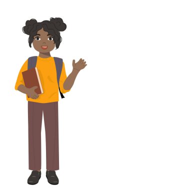  Beyaz arka plan üzerine kitap tutan Afrikalı Amerikalı bir kız öğrenci. Çocuk okulu konsepti. Okula dönelim. Metnin için alanı kopyala. Vektör illüstrasyonu