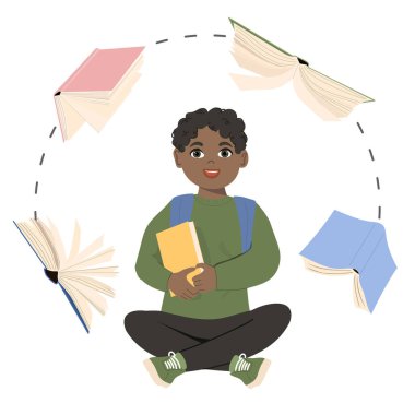 Şirin bir çocuk ve uçan kitaplar. Okuma konsepti. Kitap seçimi vektör illüstrasyonu